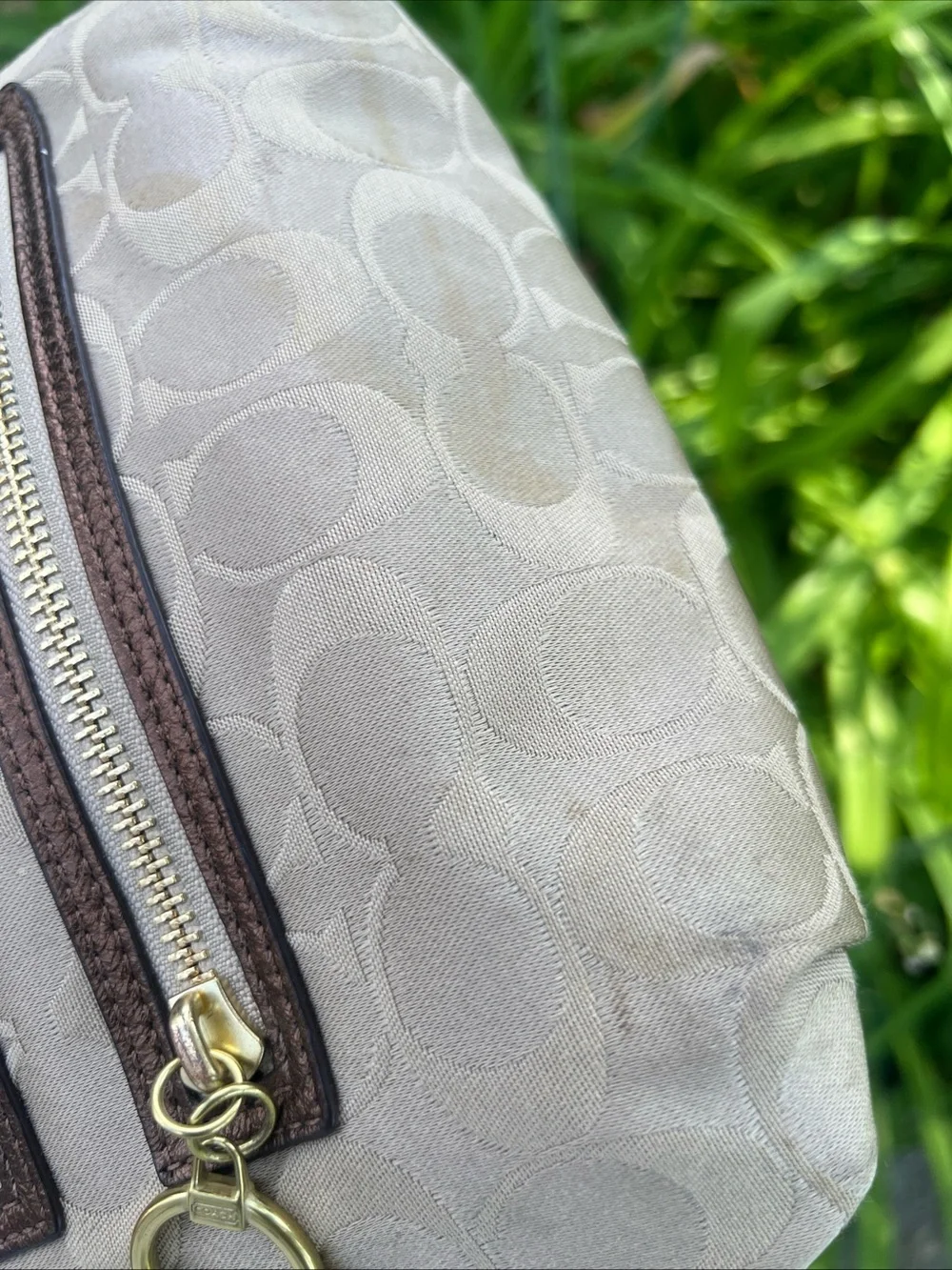 Coach Beige and Brown Signature Mini Shoulder Bag with Gold Hardware